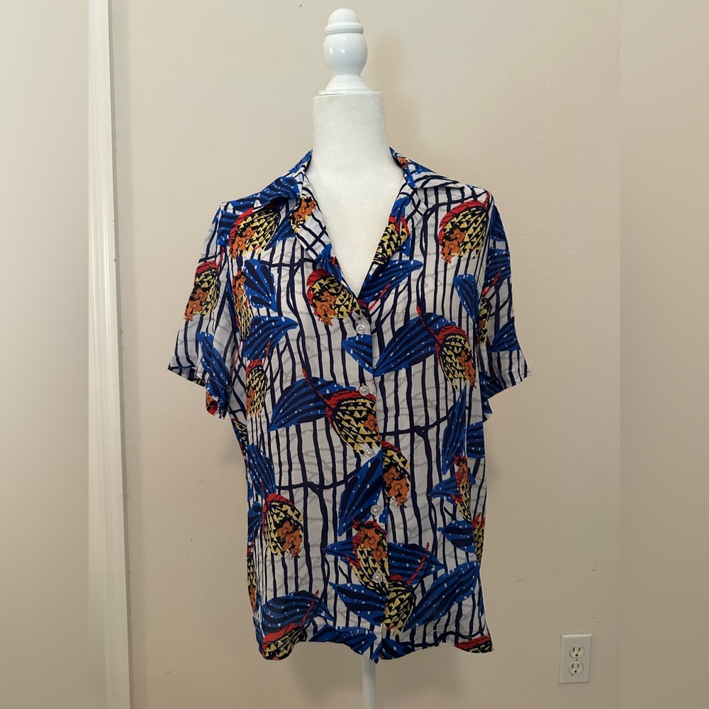 Stella Jean Blue Floral Camp Shirt Silk Blend Sz 14 Tropical Vacation Summer